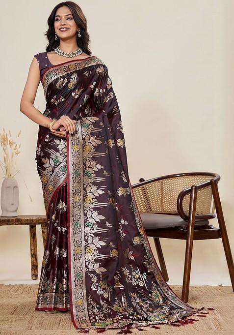 Maroon Zari Printed Blended Saree Set