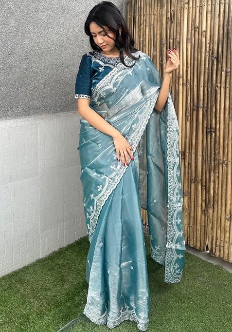 Blue Embellished Blended Saree Set