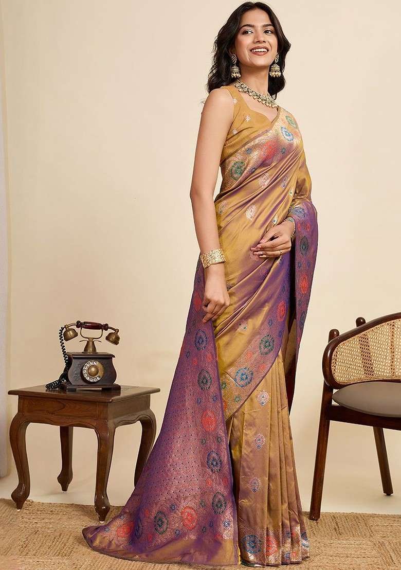 Gold Zari Blended Saree Set with Printed for Diwali | Wedding & Festive Wear - Indya