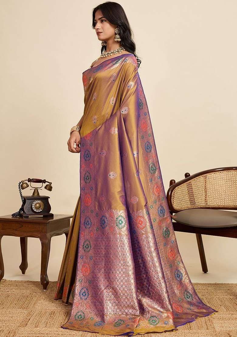 Gold Zari Blended Saree Set with Printed for Diwali | Wedding & Festive Wear - Indya