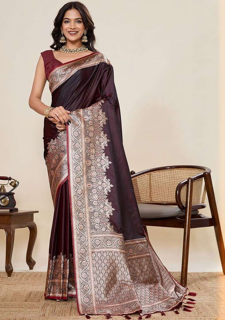 Maroon Zari Blended Saree Set with Printed for Diwali | Wedding & Festive Wear - Indya