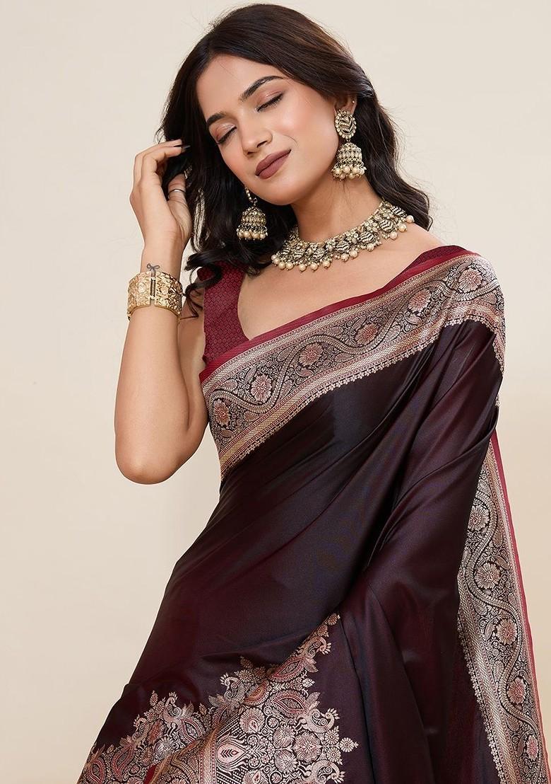 Maroon Zari Printed Blended Saree Set - Indya
