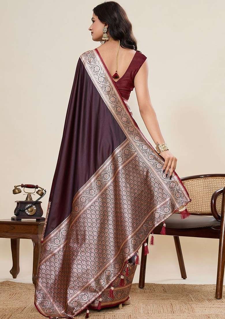 Maroon Zari Blended Saree Set with Printed for Diwali | Wedding & Festive Wear - Indya