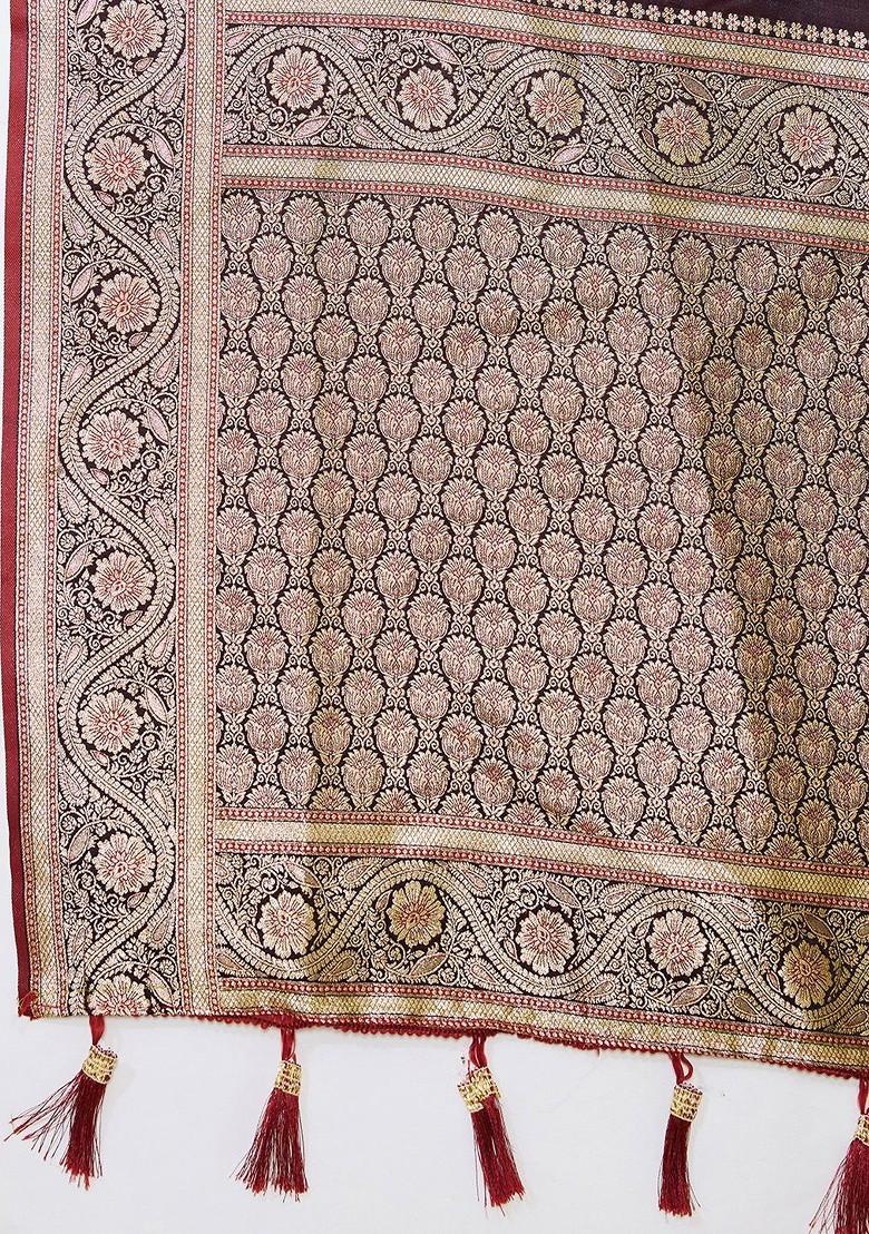 Maroon Zari Printed Blended Saree Set - Indya