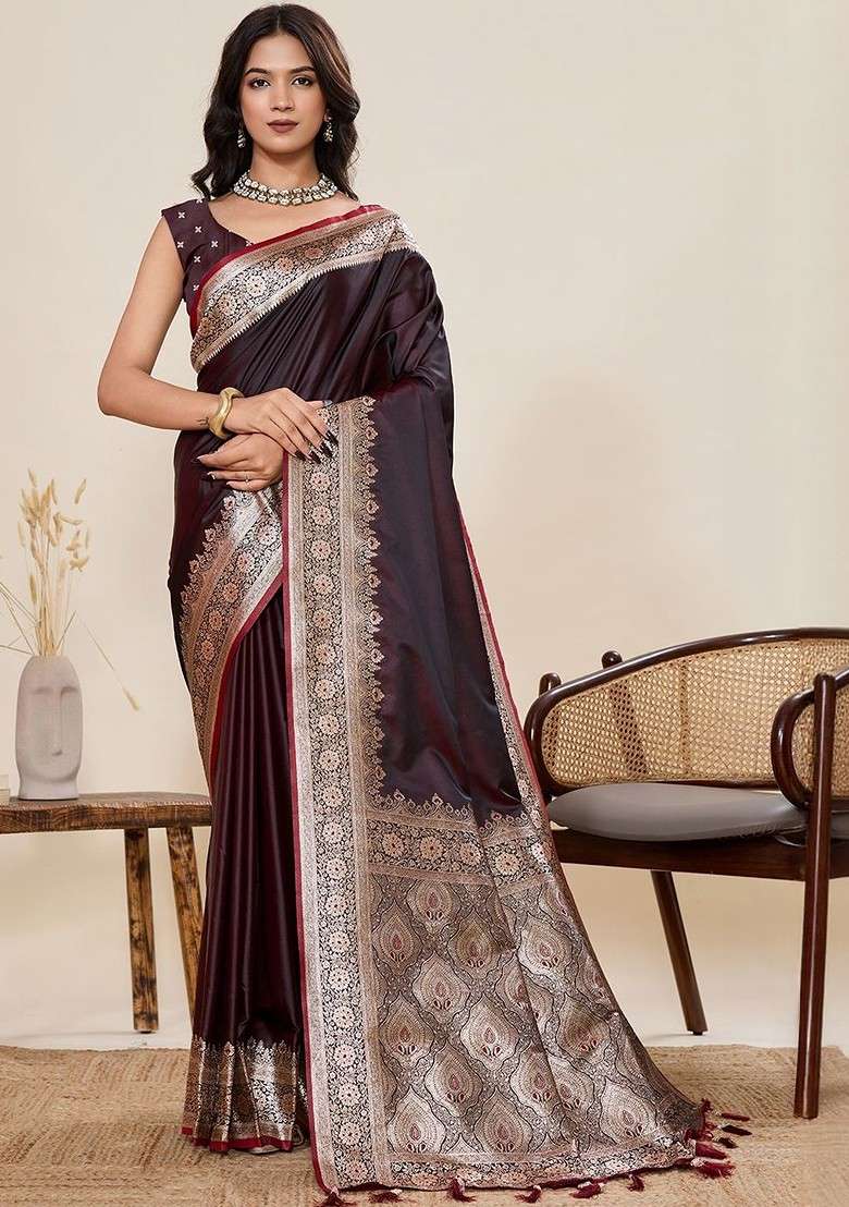 Maroon Zari Blended Saree Set with Printed for Diwali | Wedding & Festive Wear - Indya