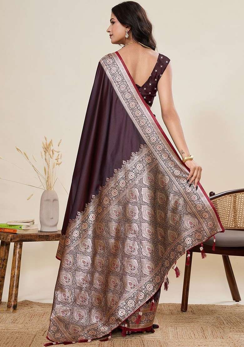 Maroon Zari Blended Saree Set with Printed for Diwali | Wedding & Festive Wear - Indya