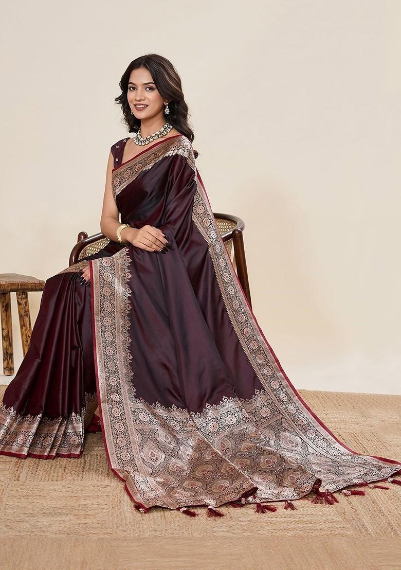 Maroon Zari Printed Blended Saree Set - Indya