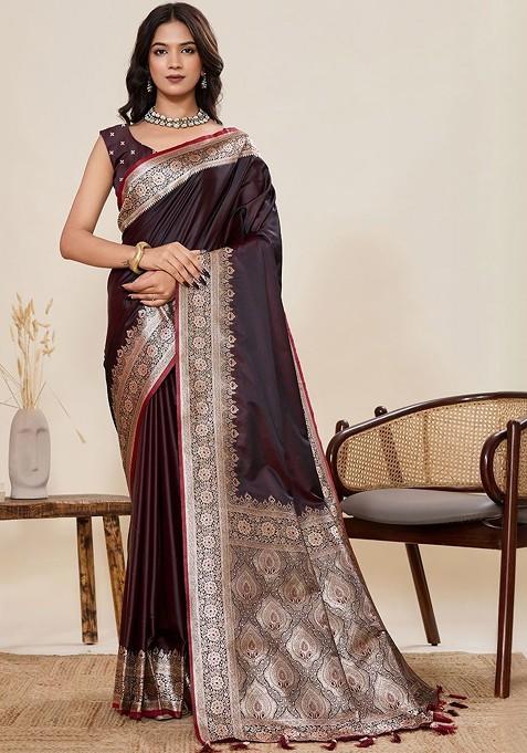 Maroon Zari Printed Blended Saree Set