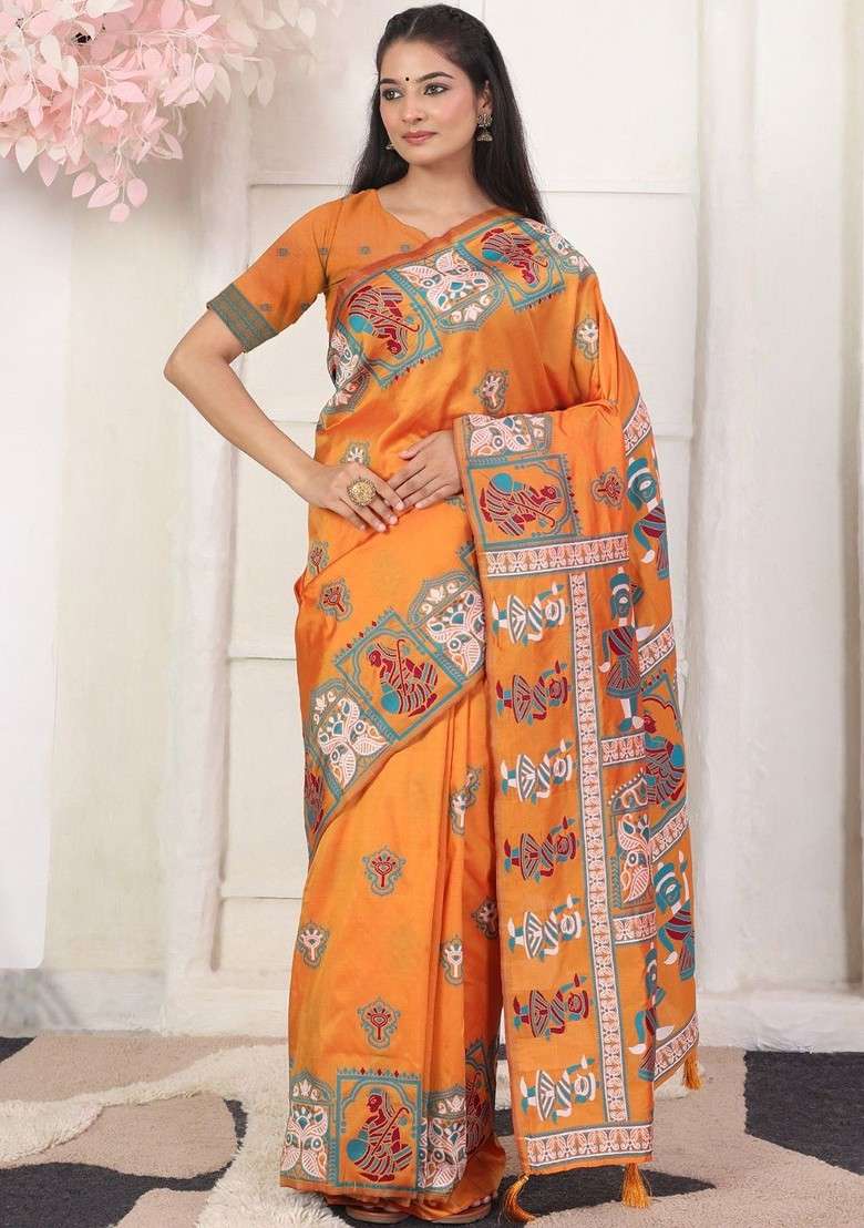 Orange Printed Blended Saree Set - Indya