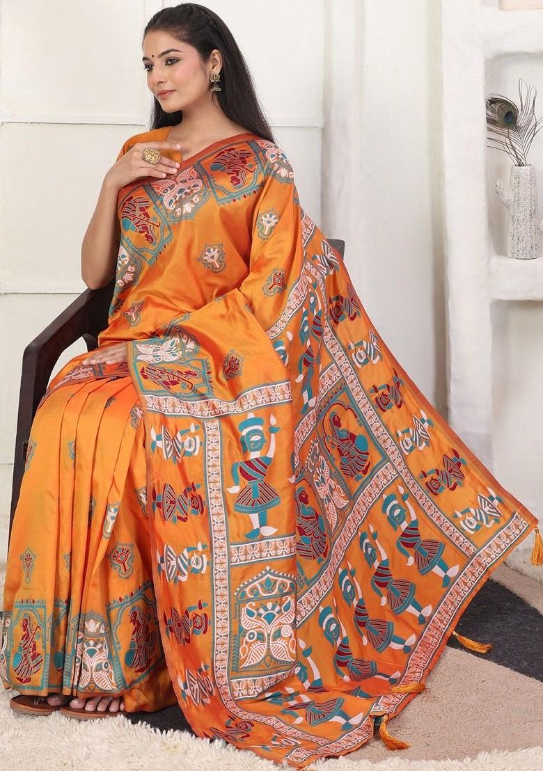 Orange Printed Blended Saree Set - Indya