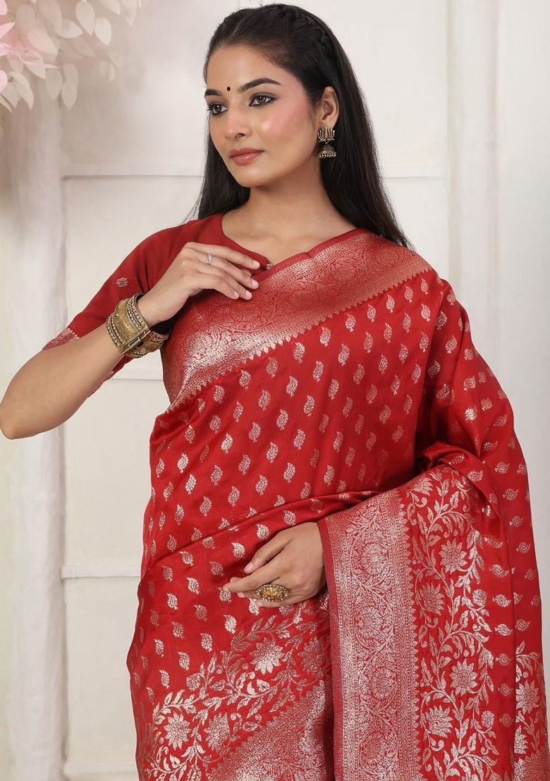 Red Zari Printed Blended Saree Set - Indya