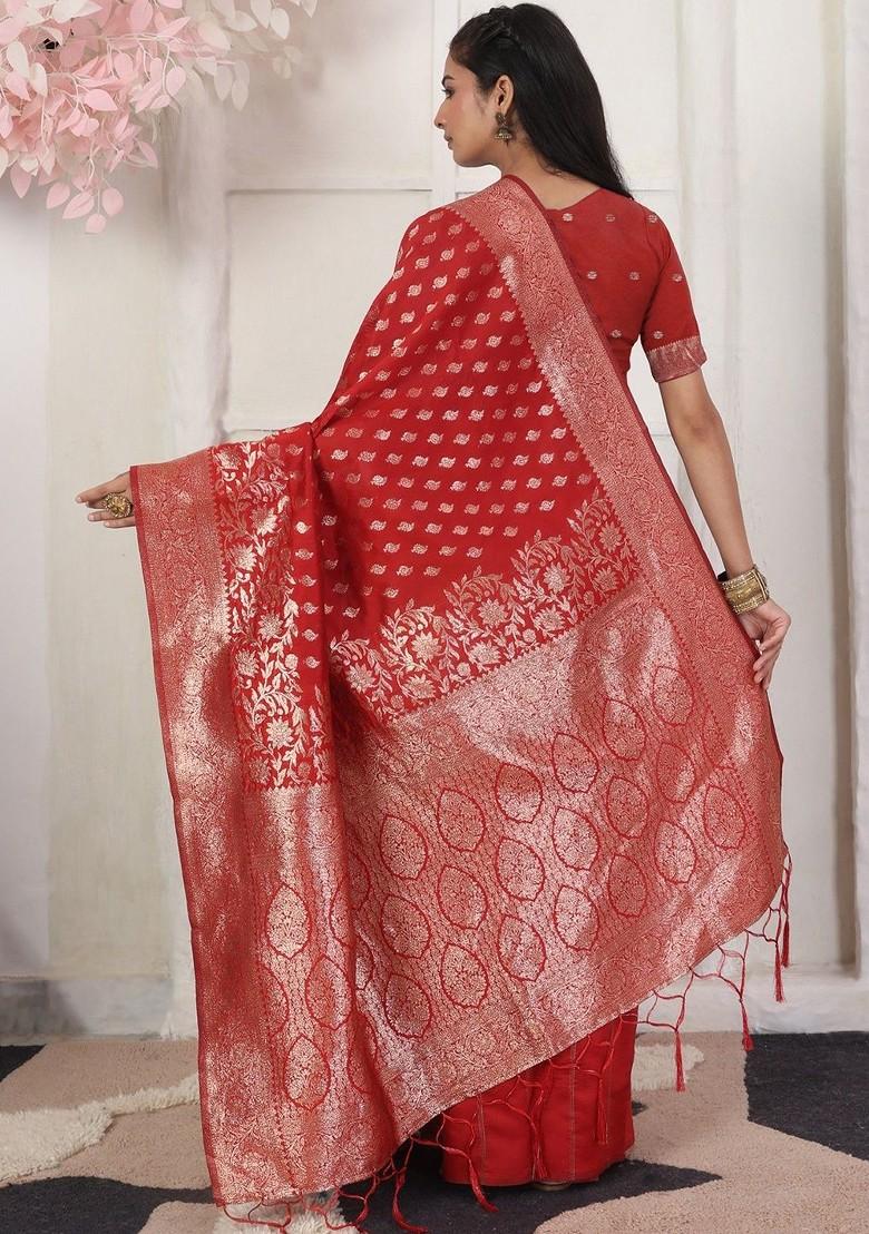 Red Zari Printed Blended Saree Set