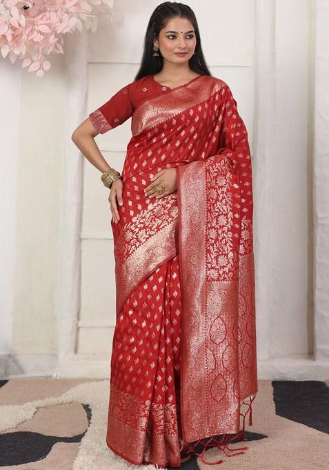 Red Zari Printed Blended Saree Set