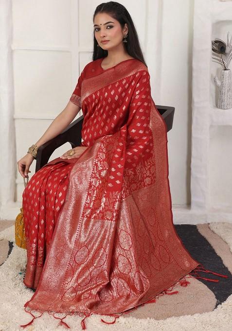 Red Zari Printed Blended Saree Set