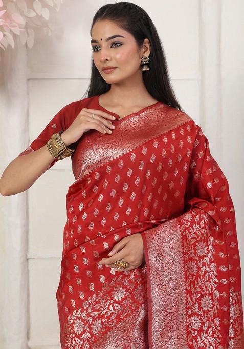 Red Zari Printed Blended Saree Set