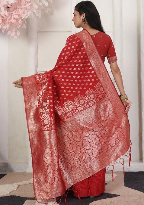 Red Zari Printed Blended Saree Set