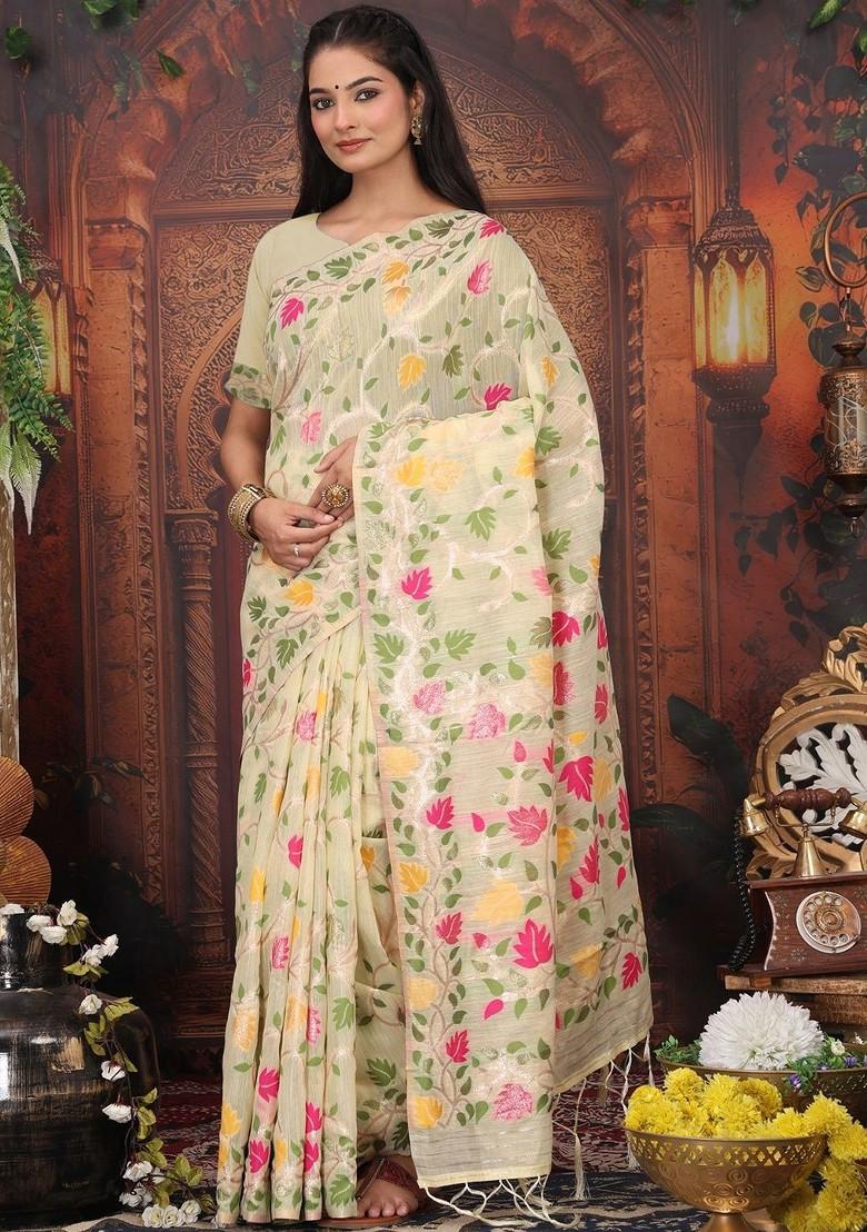 Cream Zari Printed Blended Saree Set - Indya