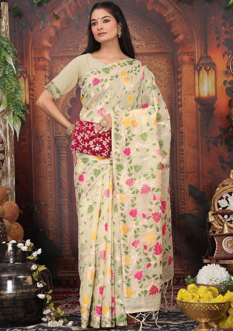 Cream Zari Blended Saree Set with Printed for Diwali | Wedding & Festive Wear - Indya