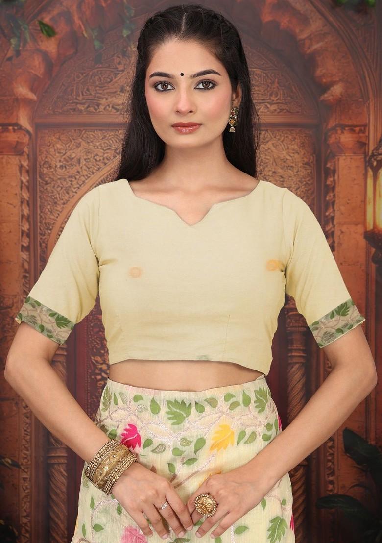 Cream Zari Printed Blended Saree Set - Indya