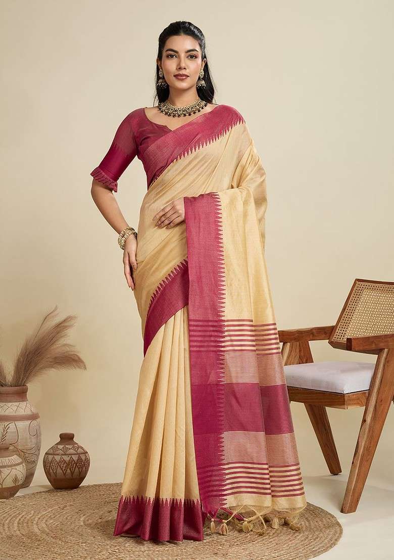 Beige Blended Saree Set with Embroidered for Diwali | Wedding & Festive Wear - Indya