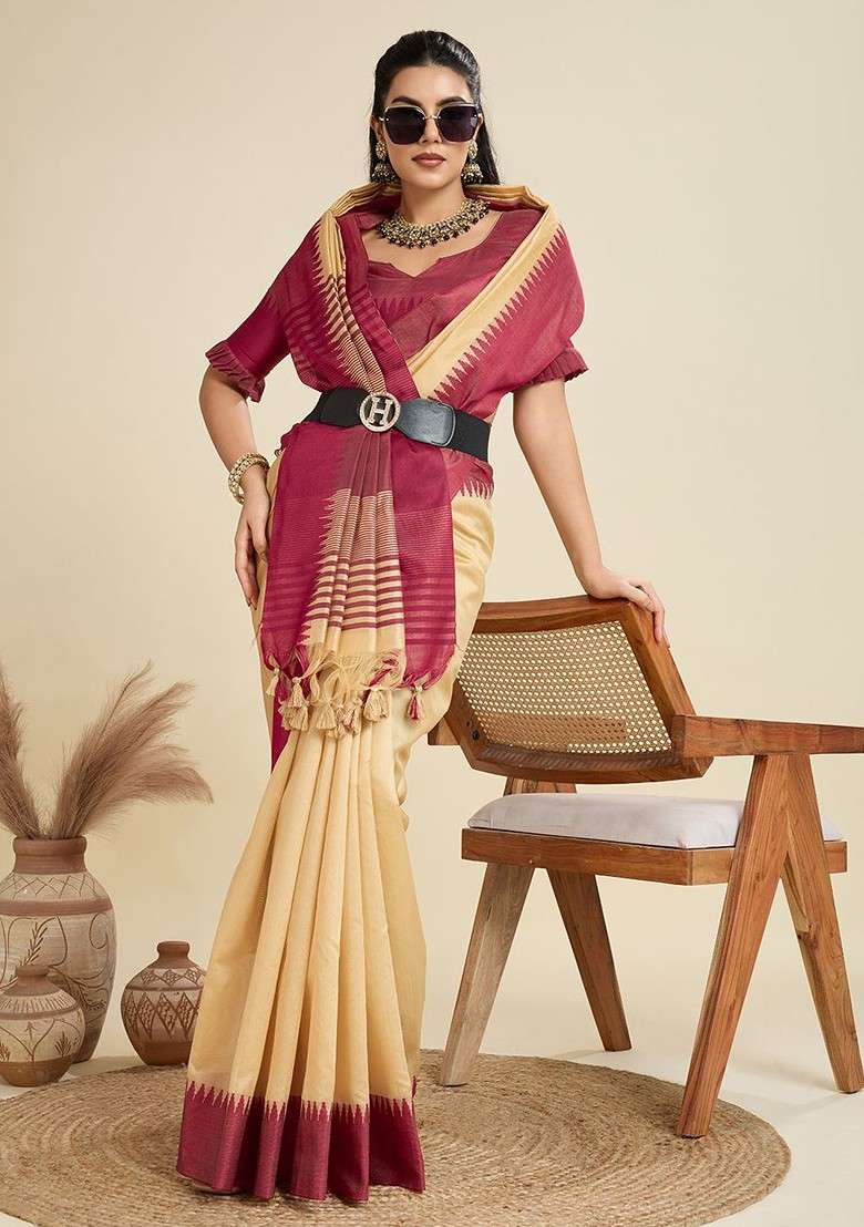 Beige Embroidered Blended Saree Set - Indya