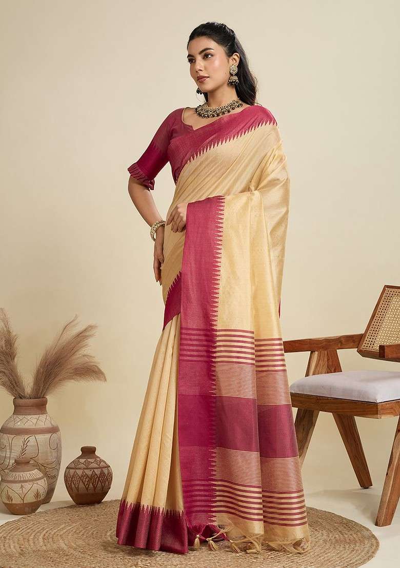 Beige Blended Saree Set with Embroidered for Diwali | Wedding & Festive Wear - Indya