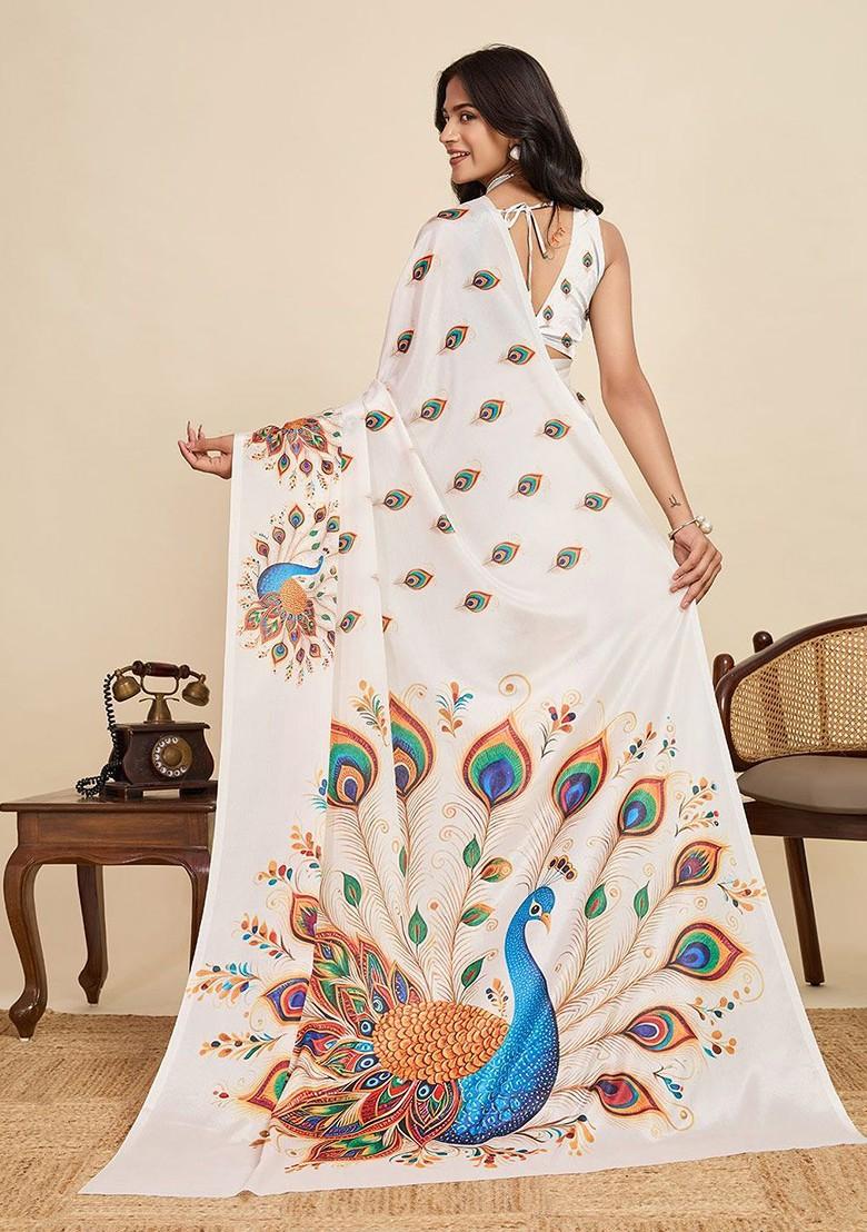 White Printed Blended Saree Set - Indya