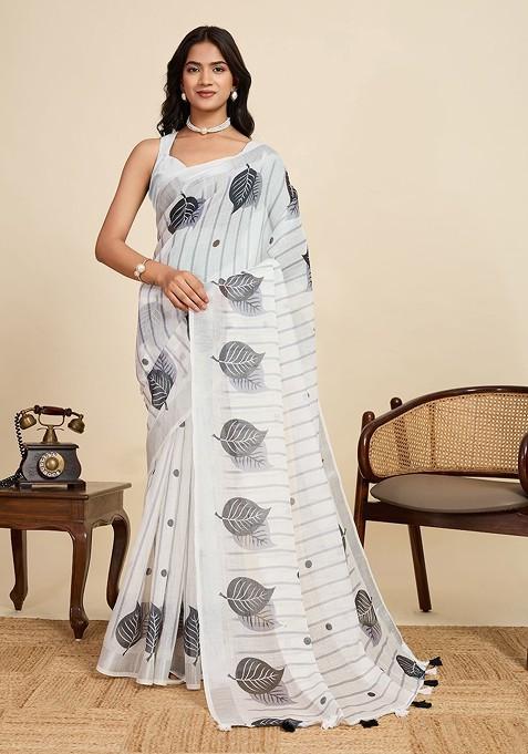 White Printed Blended Saree Set