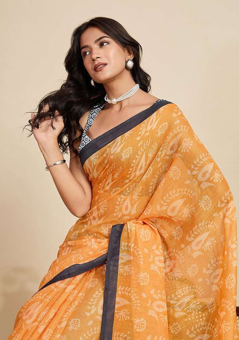 Orange Printed Blended Saree Set for Diwali and Festive Wear - Indya