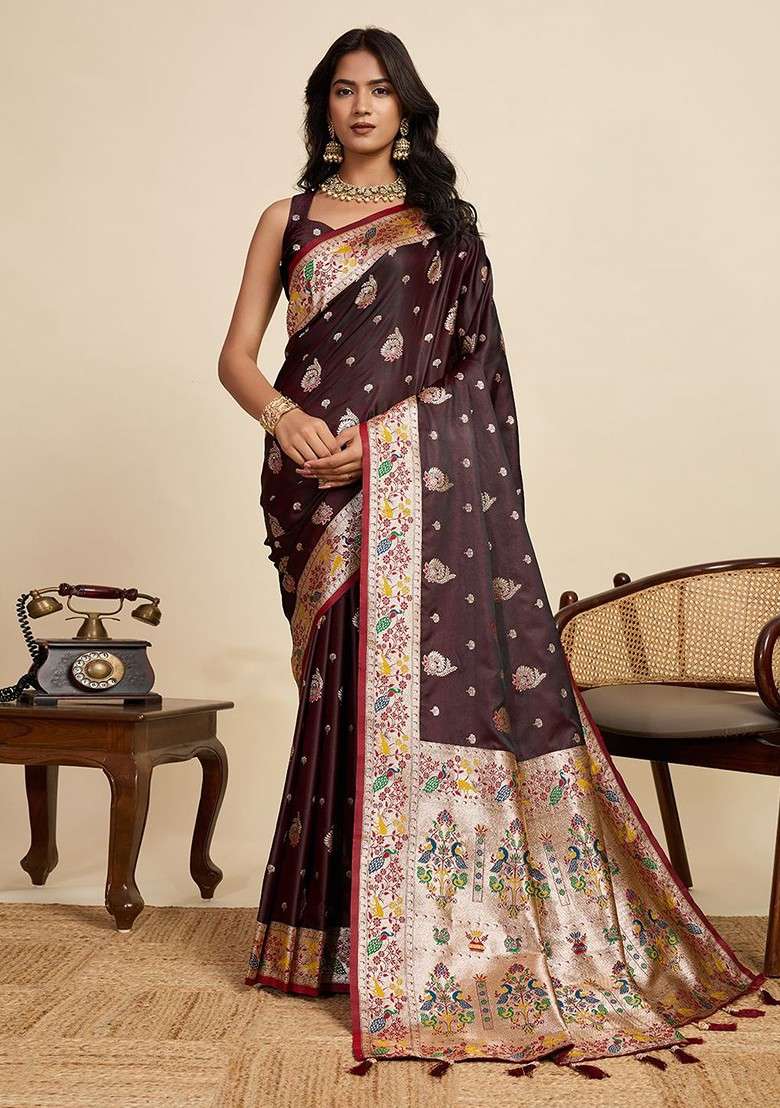 Maroon Zari Blended Saree Set with Printed for Diwali | Wedding & Festive Wear - Indya