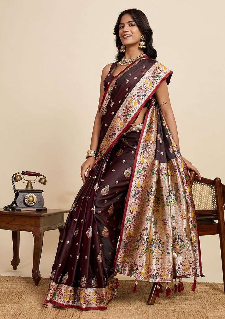 Maroon Zari Blended Saree Set with Printed for Diwali | Wedding & Festive Wear - Indya