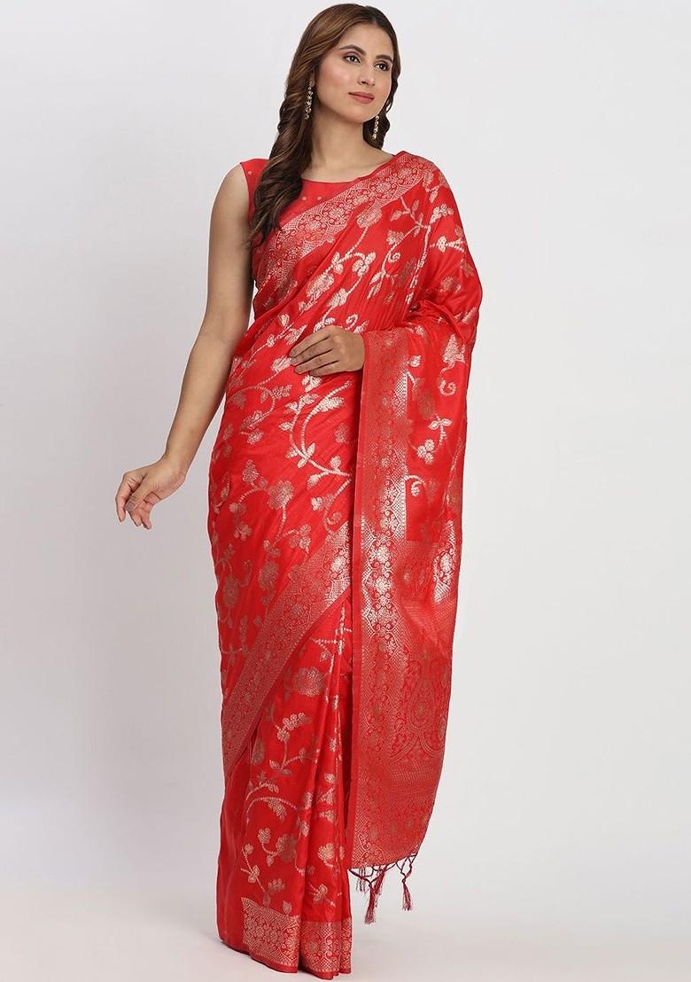 Red Zari Printed Blended Saree Set - Indya