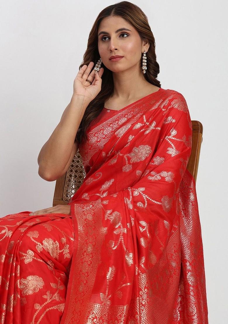 Red Zari Printed Blended Saree Set - Indya