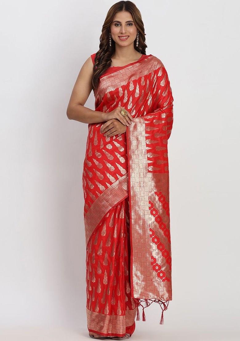 Maroon Zari Printed Blended Saree Set - Indya