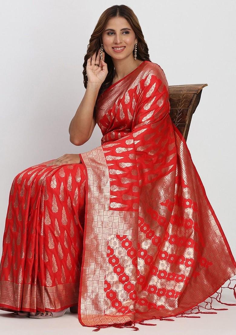 Maroon Zari Printed Blended Saree Set - Indya