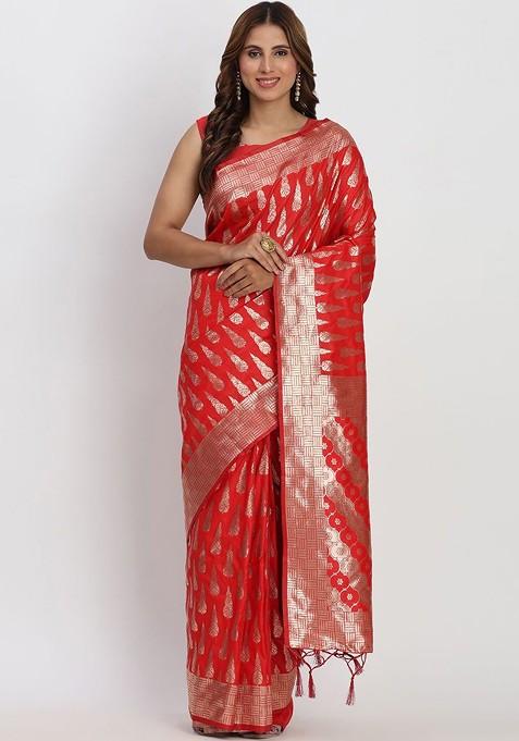 Maroon Zari Printed Blended Saree Set