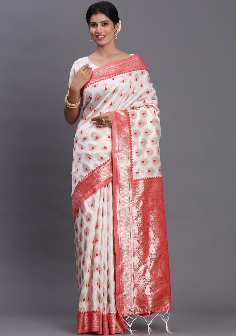 White Zari Printed Blended Saree Set - Indya