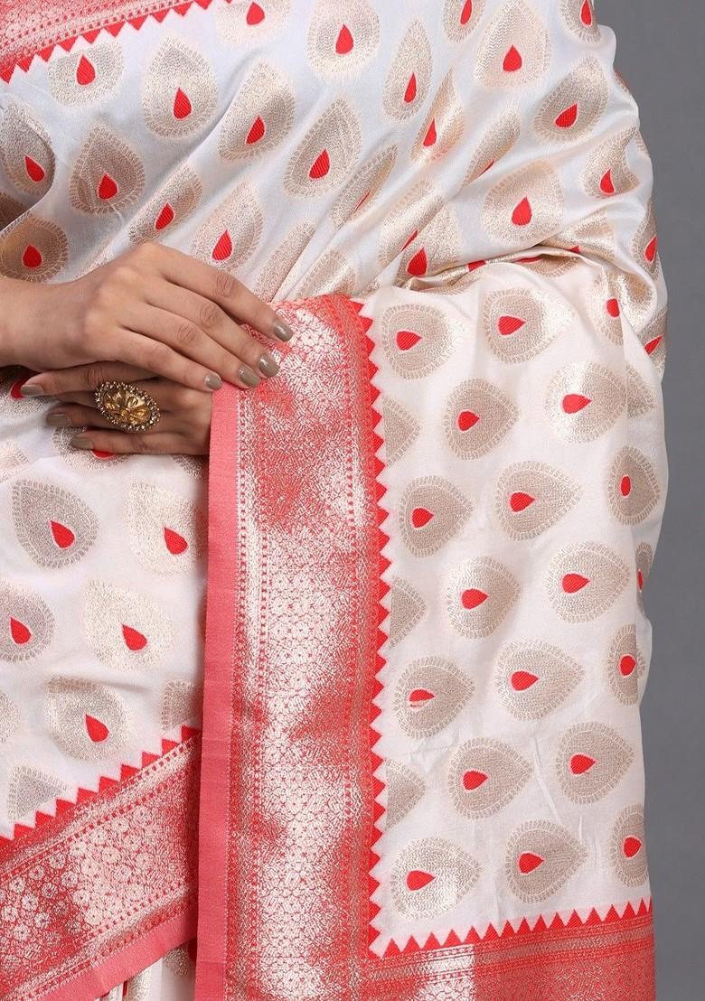 White Zari Printed Blended Saree Set - Indya