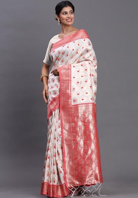 White Zari Printed Blended Saree Set