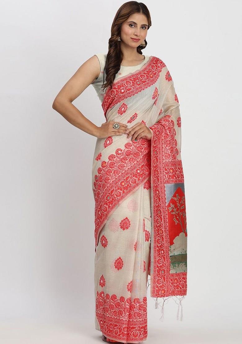 White Zari Printed Blended Saree Set - Indya