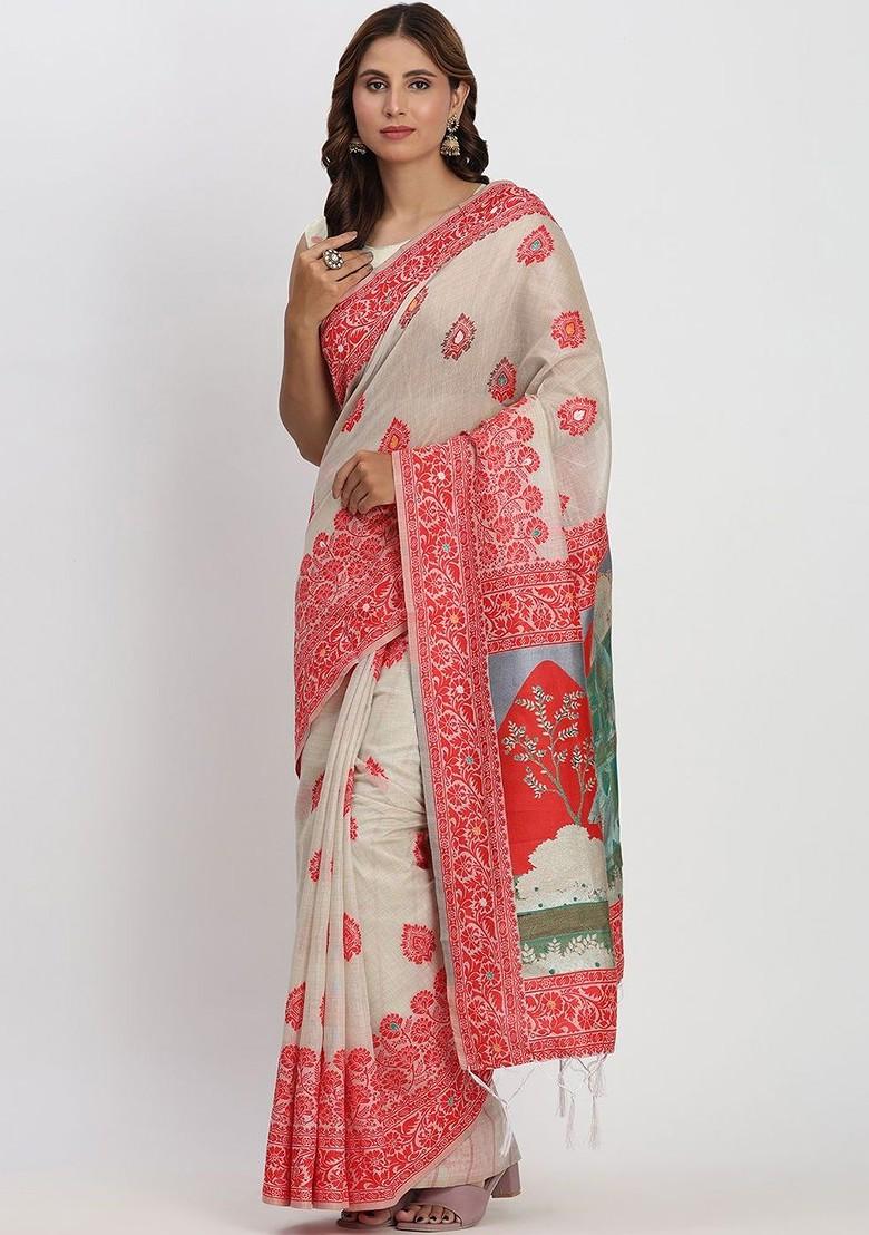 White Zari Printed Blended Saree Set - Indya