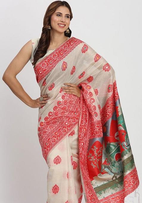 White Zari Printed Blended Saree Set