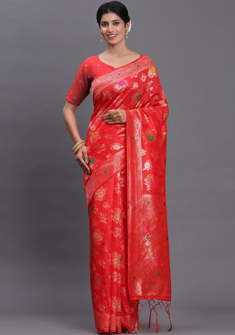 Rust Zari Printed Blended Saree Set - Indya
