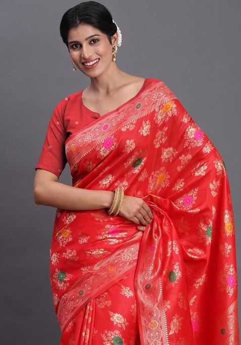 Rust Zari Printed Blended Saree Set