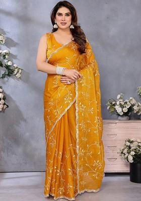 Orange Zari Printed Blended Saree Set