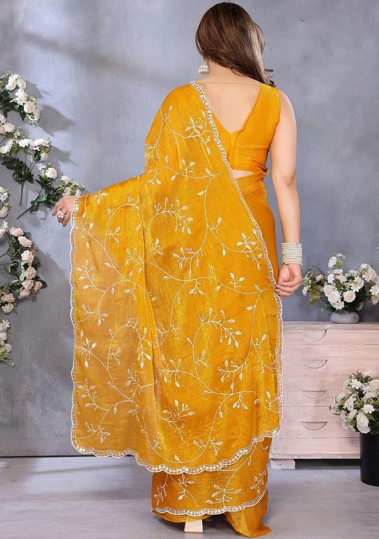Orange Zari Printed Blended Saree Set - Indya