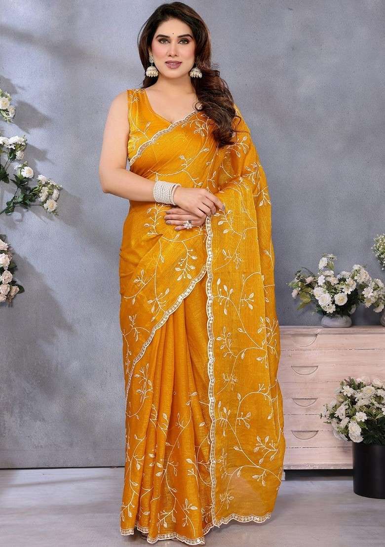 Orange Zari Printed Blended Saree Set for Diwali and Festive Wear - Indya
