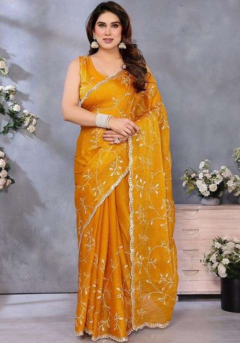 Orange Zari Printed Blended Saree Set for Diwali and Festive Wear