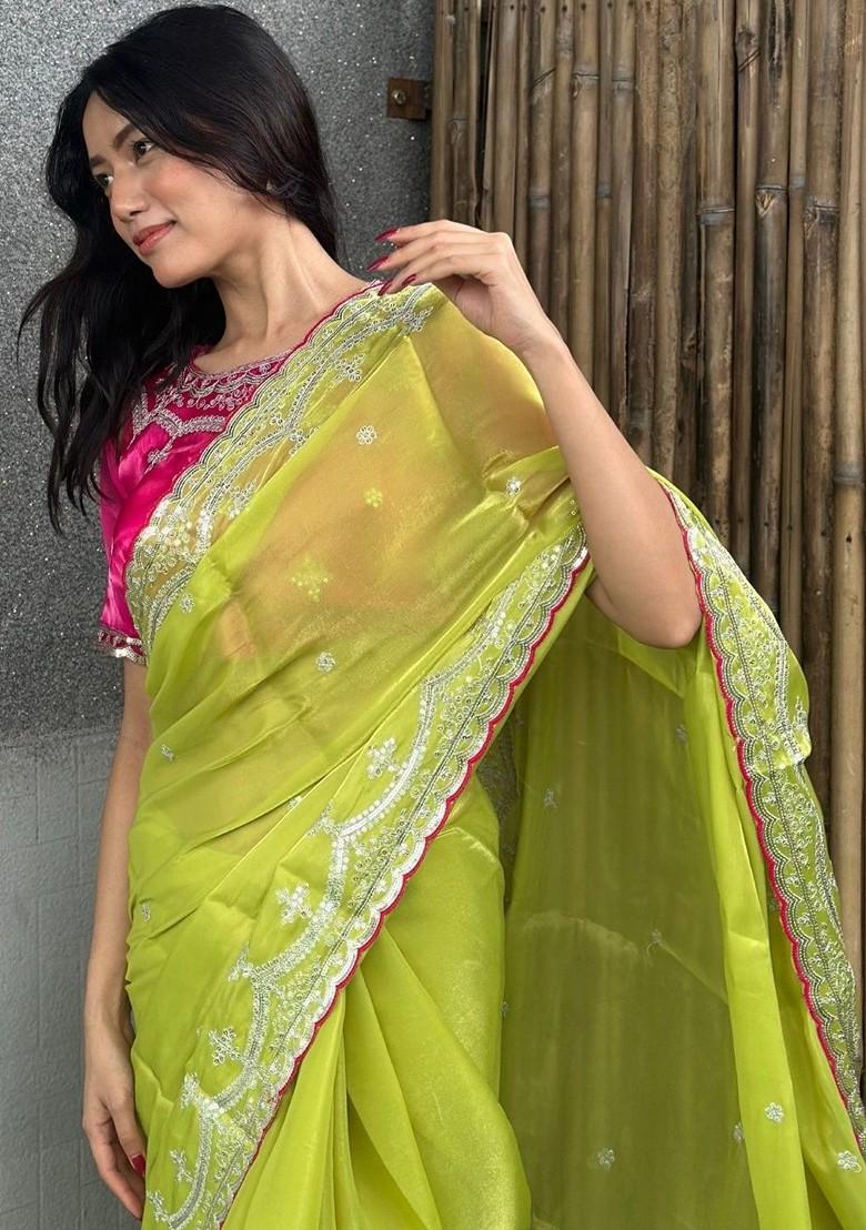 Olive Embellished Blended Saree Set