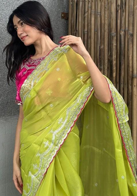 Olive Embellished Blended Saree Set